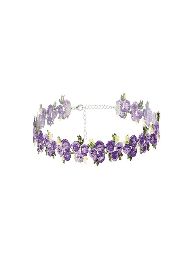 GUAFEIH Women Boho Flower Embroidered Lace Choker Necklace (Purple) - Image 1